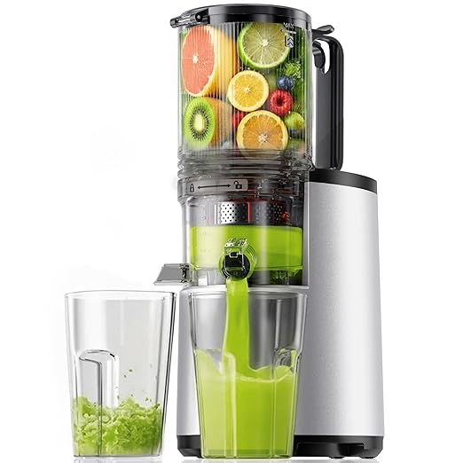 Cold Press Juicer, EUHOMY 5.5" Extra Large Feed Chute Slow Masticating Juicer, 250W Juicer Machines, 99.6% High Juice Yield, Easy to clean, Reverse Function, for Whole Vegetables & Fruits. Sliver