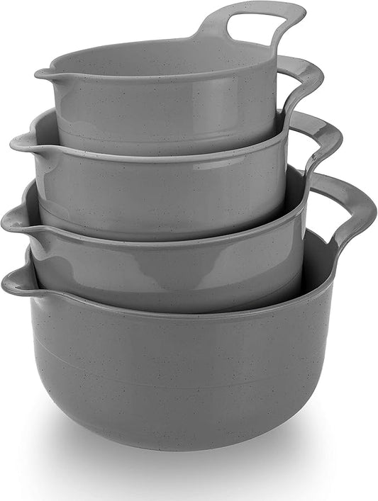 COOK WITH COLOR Nesting Plastic Mixing Bowl Set with Pour Spouts and Handles, Speckled Charcoal, 4 Piece