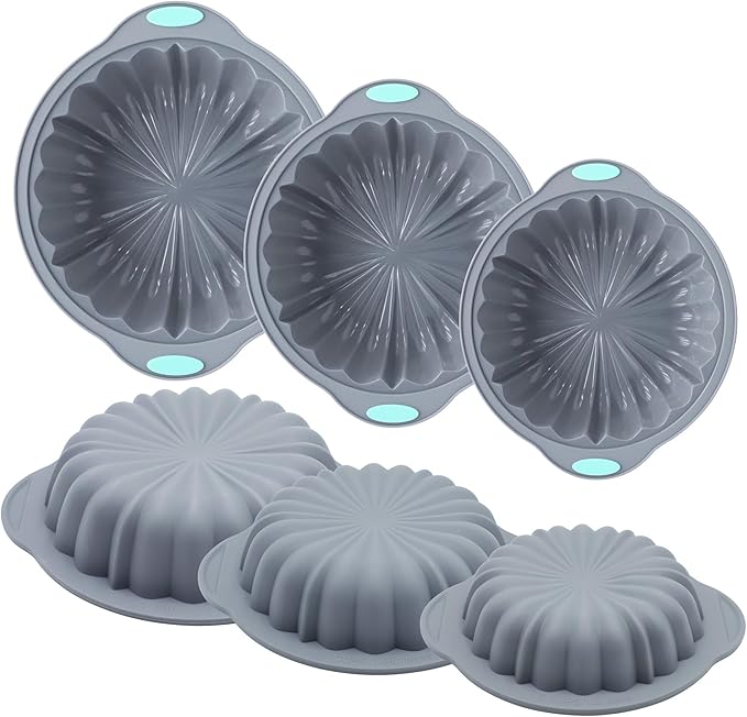 3-Piece Silicone Round Cake Pan Set, Metal-Frame Non-Stick Baking Trays, Jelly Molds, Non-Stick Grooved Cake Molds, Suitable for Breads, Meat Patties, Cakes, 5/7/9 Cups, Light Gray