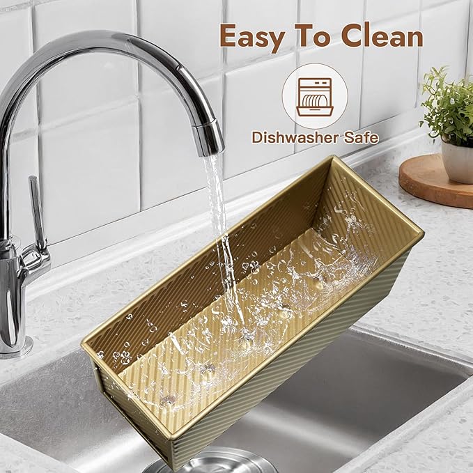 CURTA Commercial Pullman Loaf Pan with Lid 2.2 lb Dough Capacity Non-Stick Bakeware for Baking Bread Corrugated Bread Toast Box Mold extra large loaf pan Champagne Gold 2pcs