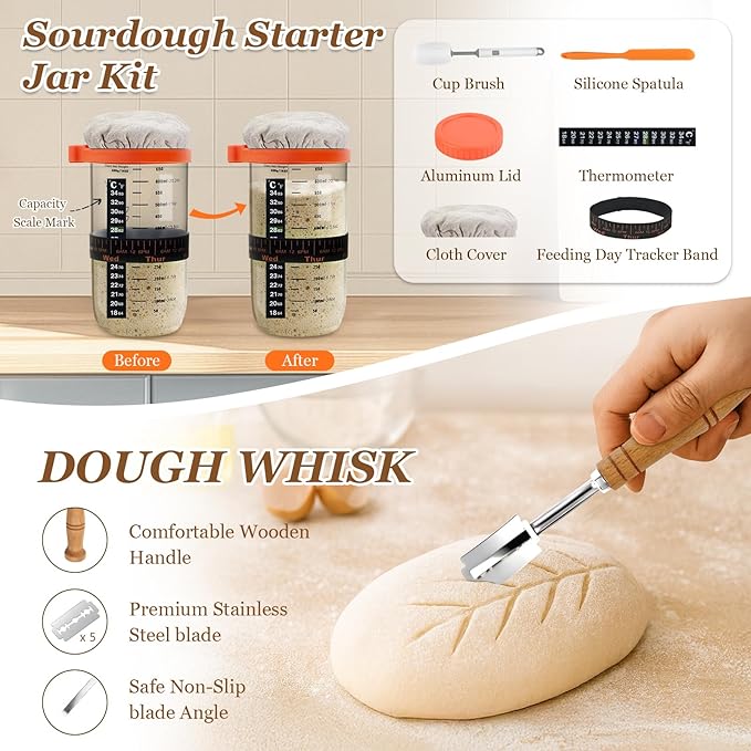 Sourdough Bread Baking Supplies, Sourdough Starter Kit, 9 Inch Round & 10 Inch Oval Banneton Bread Proofing Basket with 24 Oz Glass Jar, Sour Dough Tools with Danish Dough Whisk & Scraper