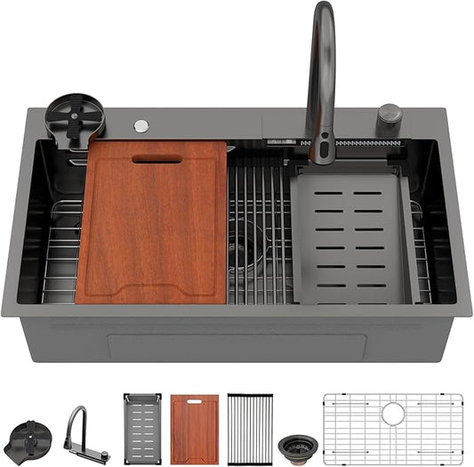 Lordear 33 Inch Black Smart Waterfall Drop In Kitchen Sink With Faucet 33x19 Inch Worktation Topmount Sink 16 Gauge Stainless Steel Single Bowl Ledge Kitchen Sinks Handmade