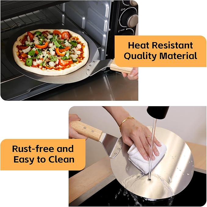 vzaahu Pizza Peel 10 inch, Aluminum Round Spatula, Small Medium Size with 8.6 inch Wooden Handle, Pie Making Light-weighted Tool for Homemade Bread, 2-3 family size