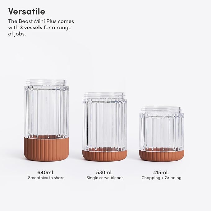 The Beast Mini Blender Plus | Mini Countertop Kitchen Blender | Blend Smoothies and Shakes, Dressings, Sauces, Dips | Extra Vessels, Straw Cap and Straws Included | 600W (Terra)