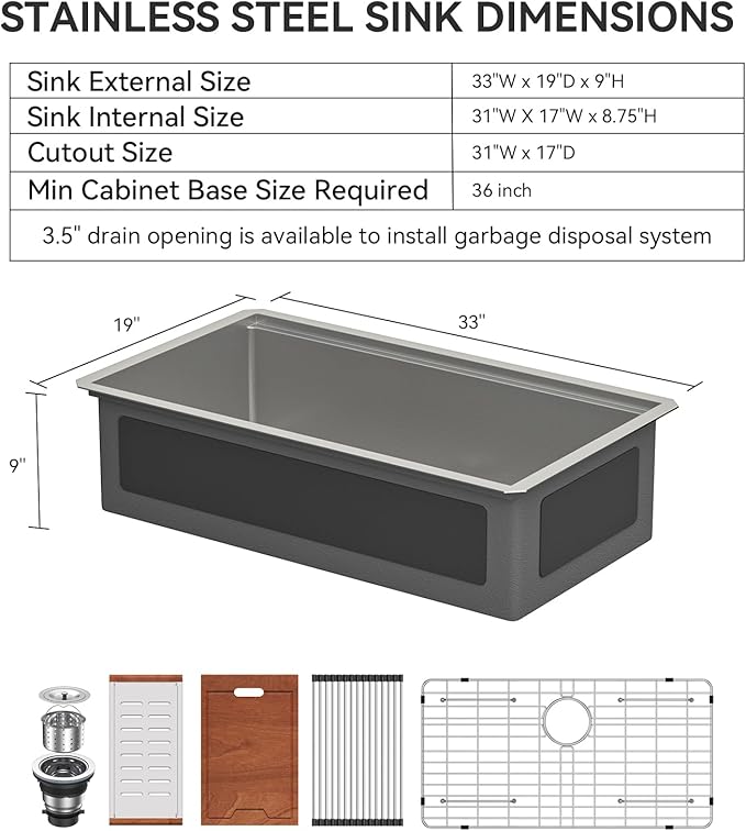 Lordear 33 Inch Undermount Kitchen Sink Honeycomb Finish 16 Gauge Stainless Steel Single Bowl Workstation Sinks Scratch Resistant Handmade Under Counter Sink Basin