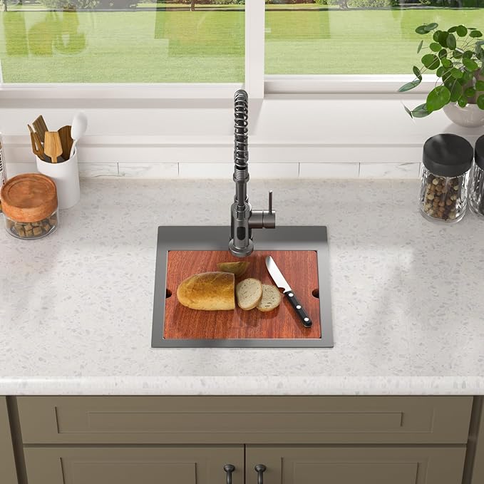 Lordear Bar Sink 15 Inch Black Drop In Kitchen Sinks Stainless Steel Bar Sink 16 Gauge Single Bowl Topmount Small Prep RV Sinks Square Basin