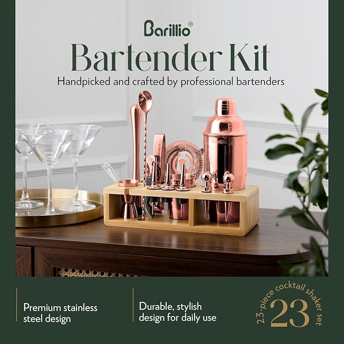 Barillio Rose Gold Bartender Kit - Stainless-Steel Cocktail Shaker Set w/Bamboo Stand - Mixology Bar Tools w/Drink Shaker, Mixer and Muddler for Cocktails - Home Bar Accessories - 23-Pc Bar Set