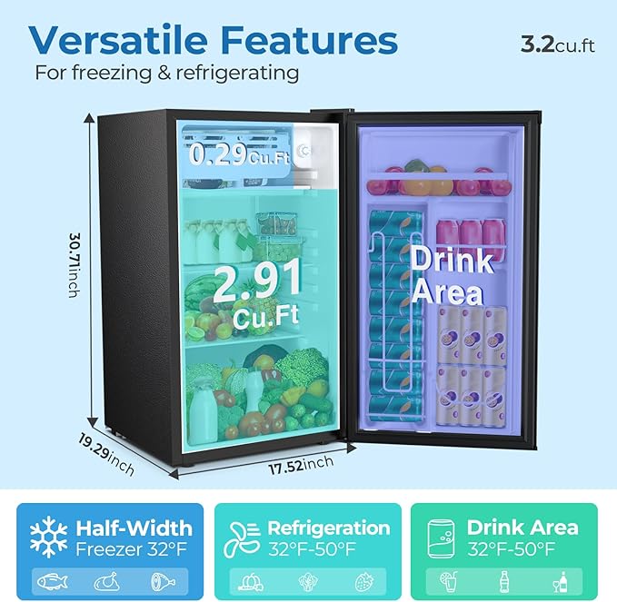 3.2 Cu.ft Mini Fridge with Freezer, Compact Refrigerator with Reversible Single Door, Adjustable Thermostat, Low Noise, Energy Efficient for Office, Dorm, Bedroom, Apartment