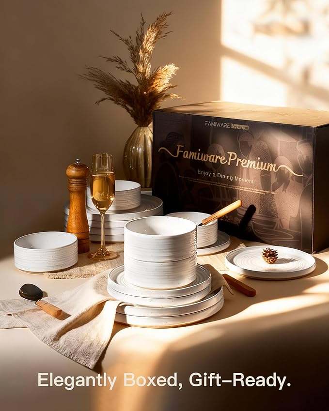 Stoneware Dinnerware Sets, Dish Set for 6, 18 Pieces Spiral Dishware Set with Straight Rim, Speckles & Reactive Glaze - Microwave and Dishwasher Safe Tableware, White