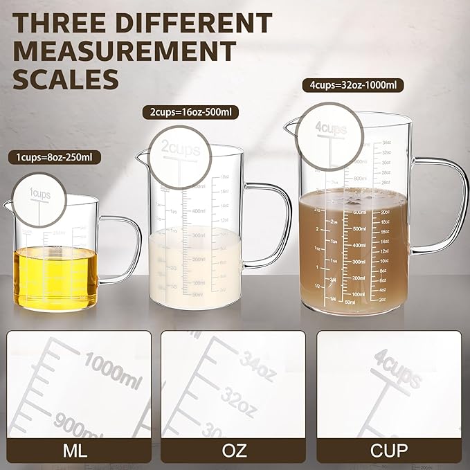 Lallisa 3 Pack High Borosilicate Glass Measuring Cups Set with Handle V Shaped Spout, 4, 2, 1 Cup 3 Scales (Oz, Cup, Ml) for Kitchen Restaurant Baking Cooking, Easy to Read, Clear(White Scale)