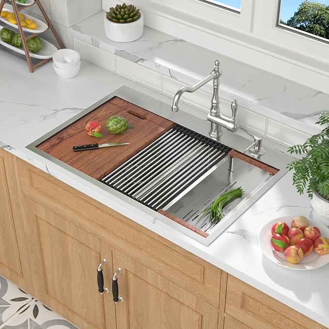 Mocoloo 33 Inch Drop In Kitchen Sink - 33 x 22 Drop In Double Bowl Kitchen Sink 16 Gauge 60/40 Topmount Stainless Steel Sinks Handmade, 33''x22''x10'' Above Counter with Offset Drainer