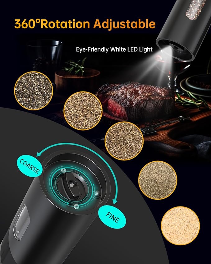 CIRCLE JOY Electric Pepper Mill Grinder, Top-Refill Rechargeable Black Pepper Grinder with Upgraded Large Capacity for Home BBQ, Adjustable Coarseness, Led Light