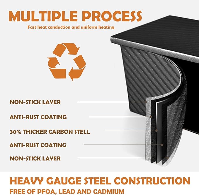 Black Pullman Loaf Pan with Lid, 1 lb Dough Capacity, Nonstick Bread Toast Mold with Cover, Carbon Steel Corrugated Bread Mould Bakeware