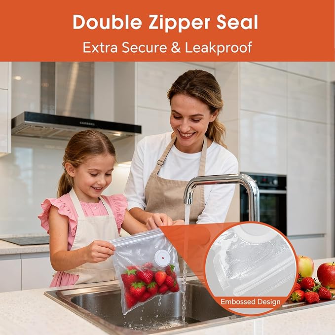 Reusable Vacuum Sealer Bags 20 Pack (10.2"x11") with 4 Clips, BPA-Free Vacuum Zipper Bags for Food Storage, Freezer & Sous Vide Cooking, Compatible with Food Saver Vacuum Sealers