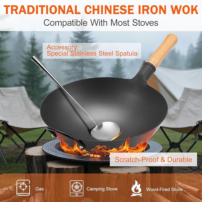 WANGYUANJI Iron Wok,13.38 inchTraditional Round-Bottom Wok, Chef’s Professional Stir-Fry Pan with Wooden Handle, Chemical-Free Wok for Gas Stoves and Round-Bottom Induction Stovetop(No lid included)