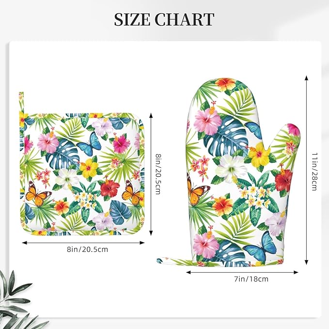 Tropical Floral Flower Leaves Butterfly Oven Mitts and Pot Holders Set of 4 Silicone Kitchen Mitten Gloves and Non-Slip Potholders Set Heat Resistant Oven Gloves Hot Holders for Kitchen