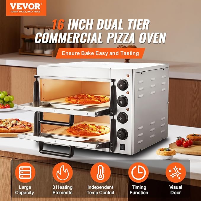 VEVOR Commercial Pizza Oven Countertop, 16" Double Deck Layer, Stainless Steel Electric Pizza Oven with Stone and Handle, Multipurpose Indoor Pizza Maker for Restaurant Home Pretzels Baked