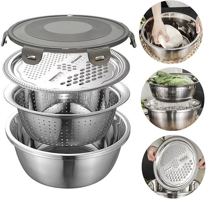 Integrated Grater and Lid on Stainless Steel Mixing Bowls 4 Pcs Kitchen Set