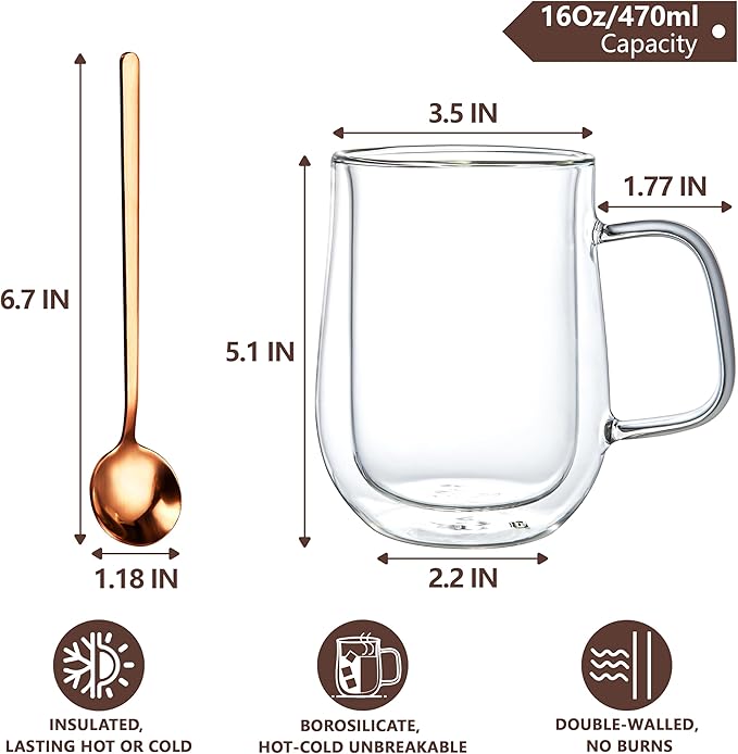 Double Walled Glass Coffee Mugs 16 OZ, Borosilicate Glass Coffee Cups Set of 4 with Spoons, Insulated Clear Coffee Mug for Hot Beverages, Cappuccino, Latte, Tea Bag.