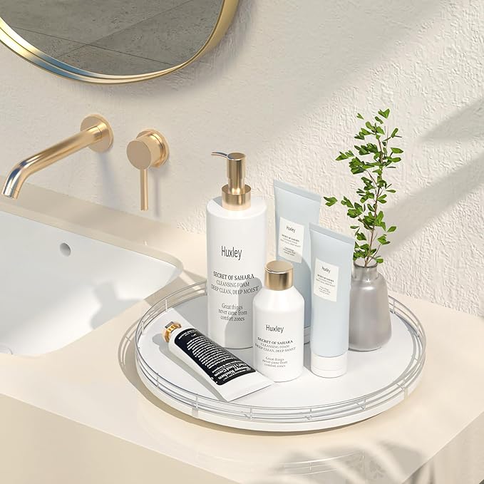 13" Oak Wood Bathroom Tray for Counter, Vanity Tray for Perfume Lotion Candle Makeup Jewelry Sink Soap Holder Turntable Dresser Organizer Countertop Coffee Table Decor Organization and Storage Silver