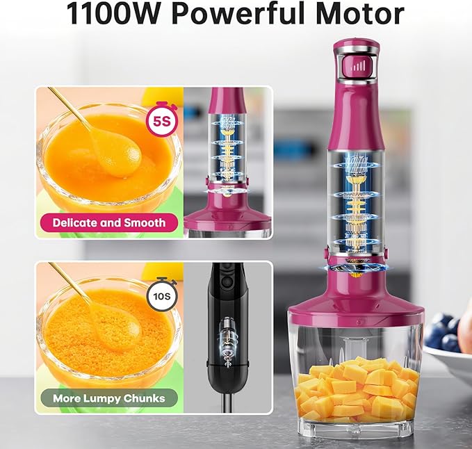 Immersion Blender Handheld Corded Hand Blenders Set 1100W, Trigger Variable Speed 5 in 1 Stick Emulsifier with Chopper, Whisk and Frother for Soup, Baby Food and Smoothies, Rose Red