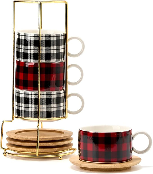 LUKA Porcelain Espresso Cup with Metal Stand,6 Ounce Stackable Ceramic Demitasse Espresso Mugs Cappuccino Cups Set for Latte,Coffee,Cafe Mocha,Tea - Set of 4 (Plaid Red & Gray)
