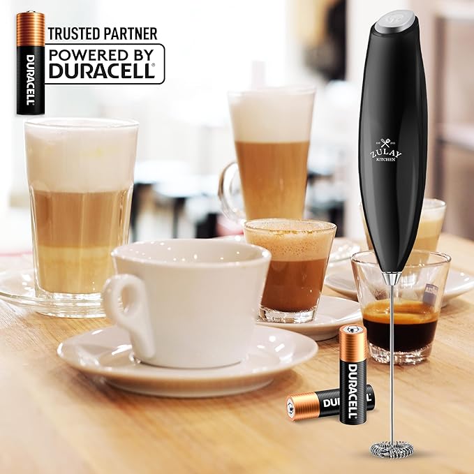 Zulay Kitchen Milk Frother Handheld Electric Whisk with AA Duracell Batteries – Durable Drink Mixer for Coffee, Lattes, Cappuccinos & More - Metallic Black