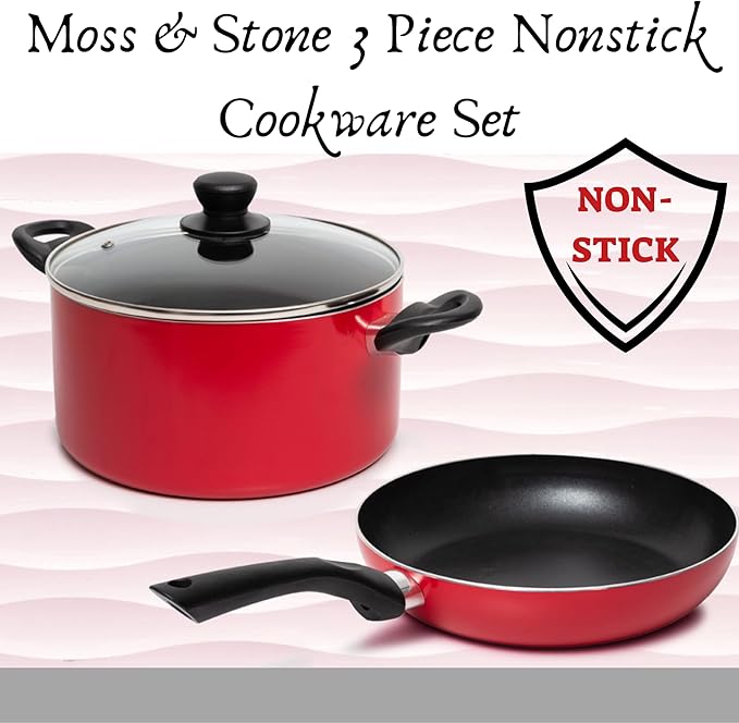 Moss & Stone 3 Peice Pots & Pans Set Nonstick Cookware Set, Aluminum Pots and Pans, Red Pots and Pans Set with Glass Lid, Dishwasher Safe, Cooking Set