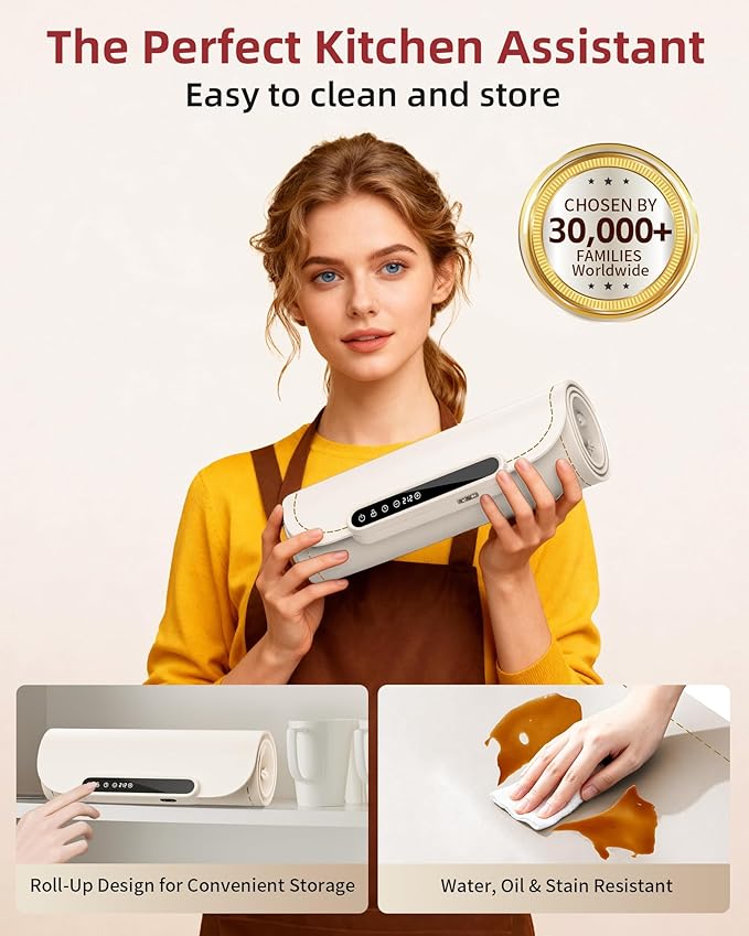 Warming Mat for Food, Upgraded Fast-Heating Electric Warming Tray with 7 Temp Levels & 8 Timers, Buffet Raised Feet & Rollable Silicone Heat Pad, Portable Food Warmer for Home, Party & Travel (Beige)