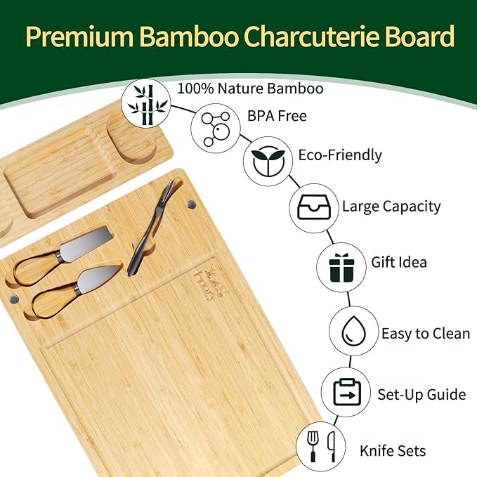 Premium Bamboo Charcuterie/Cheese Board Set – Wooden Serving Tray with Hidden Knife Storage – Cheese Knives & Forks - Perfect Bridal Shower, Housewarming, Anniversary, Mother's Day Gifts