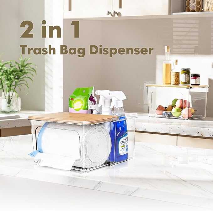 Trash Bag Dispenser Holder - 2 in 1 Clear Acrylic Plastic Garbage Bags Container With Bamboo Lid Storage Box for Kitchen Pantry Laundry Room Organization, Large Trash Bag Organizer Under Sink