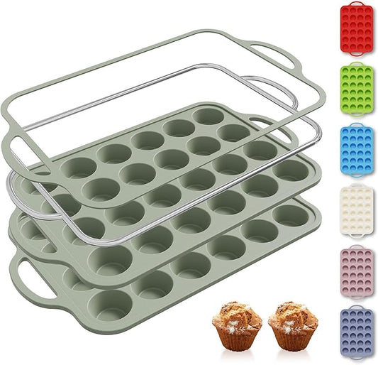 2 Packs 24 Cups Silicone Muffin Pan with Metal Reinforced Frame Mini Size Cupcake Pan Tray Egg Bites Silicone Circle Cookie Molds Muffin Tin Tart Pans Baking Sheet Set for Breakfast Sandwiches