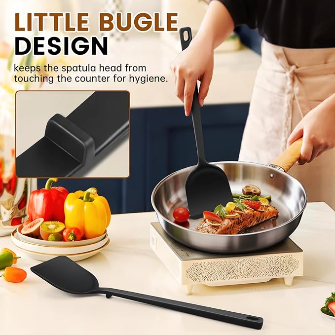 4 Pcs Silicone Cooking Utensils Set, Heat Resistant Silicone Spatulas Include Solid & Pancake Turner, Solid & Slotted Soup Ladle, Kitchen Utensils set for Non-Stick Pans, for Frying Draining Flipping