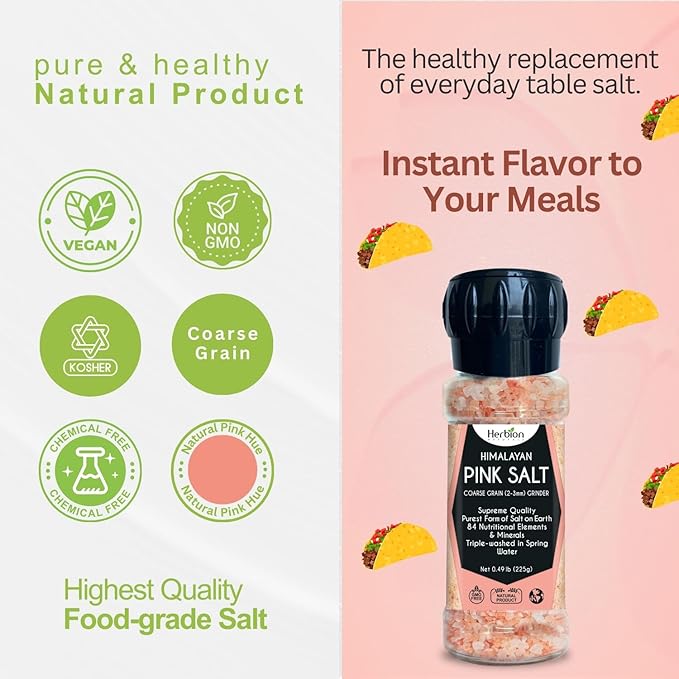 Herbion Naturals Himalayan Pink Salt Grinder Coarse Grain, 100% Pure with 84 Minerals for Seasoning, Refillable, Organic, All-Natural Salt, Triple-Washed in Spring Water, Vegan, Kosher Certified, Pack of 3