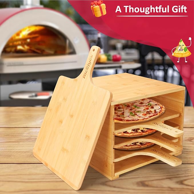 Multilayer Bamboo Pizza Peel Rack, Contain 4 x 12 Inch Non-Stick Bamboo Pizza Boards, Pizza Paddle Stand for Easy Storage and Baking Multiple Pizzas and Bread