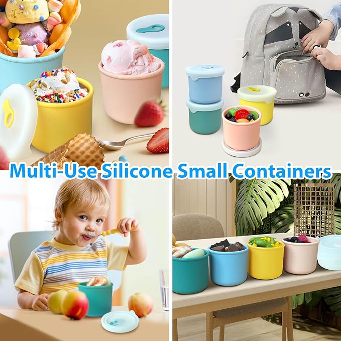 Silicone Food Storage Containers with Lids, 4 Pack 8.5 oz Reusable Snack Fruits Containers Cups Airtight Leak Proof BPA Free Freezer Molds Lunch Box for Daycare School Travel Baby Kids Macaron