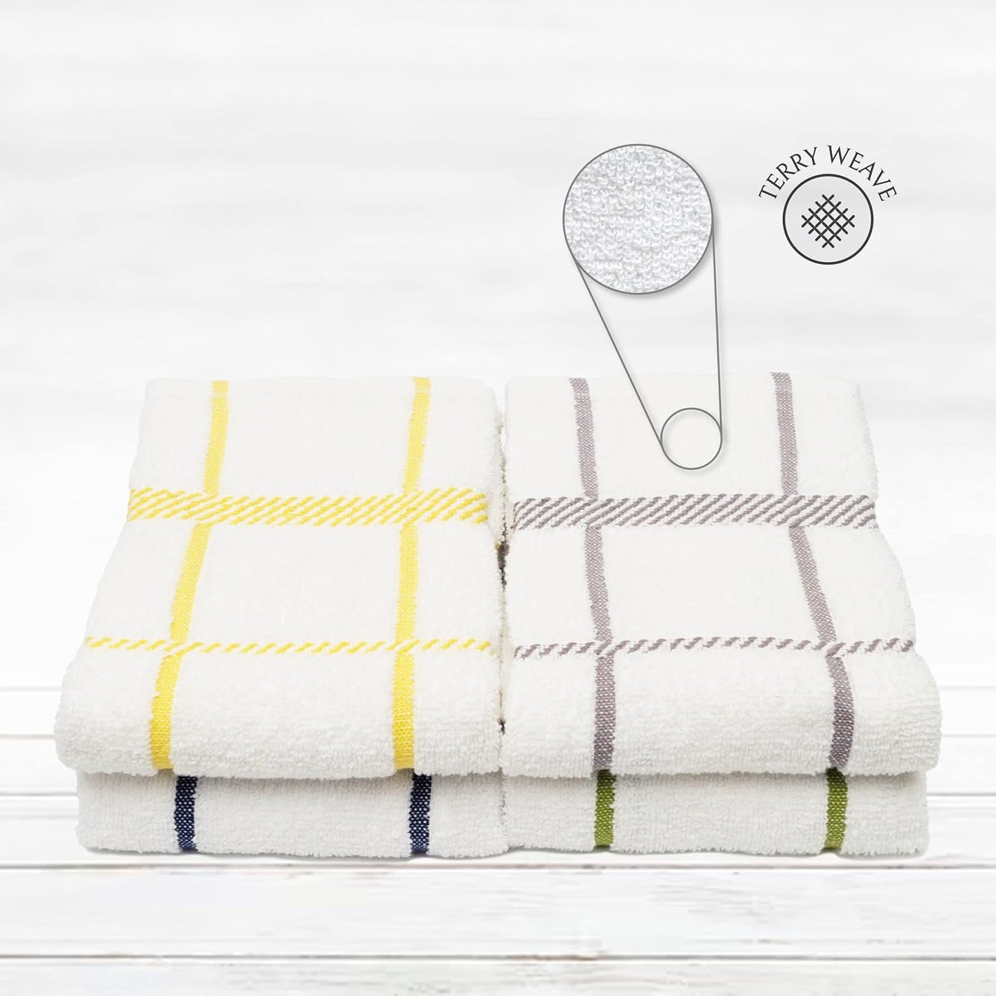 100% Cotton Terry Dish Towels, 4 Pack Checks, 16 x26 Inches, Super Soft and Absorbent Kitchen Towels, Perfect for Kitchen Cleaning and Dish Washing | Assorted