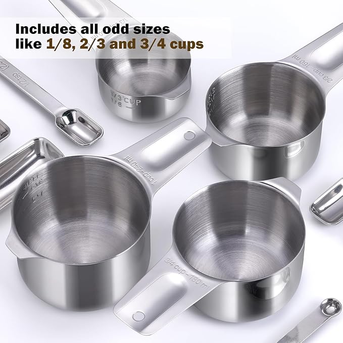 20Pcs Measuring Cups and Spoons Set, Includes 7pcs Stainless Steel Measuring Cups, 12 Measuring Spoons with Leveler for Cooking & Baking, Dishwasher Safe