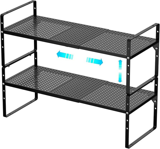 Redrubbit Expandable Cabinet Storage Shelf, Adjustable Height Steel Metal Kitchen Counter Organizers Shelves Spice Rack for Kitchen Pantry Bathroom Cupboard Desk Home Office, Black-2 Pack