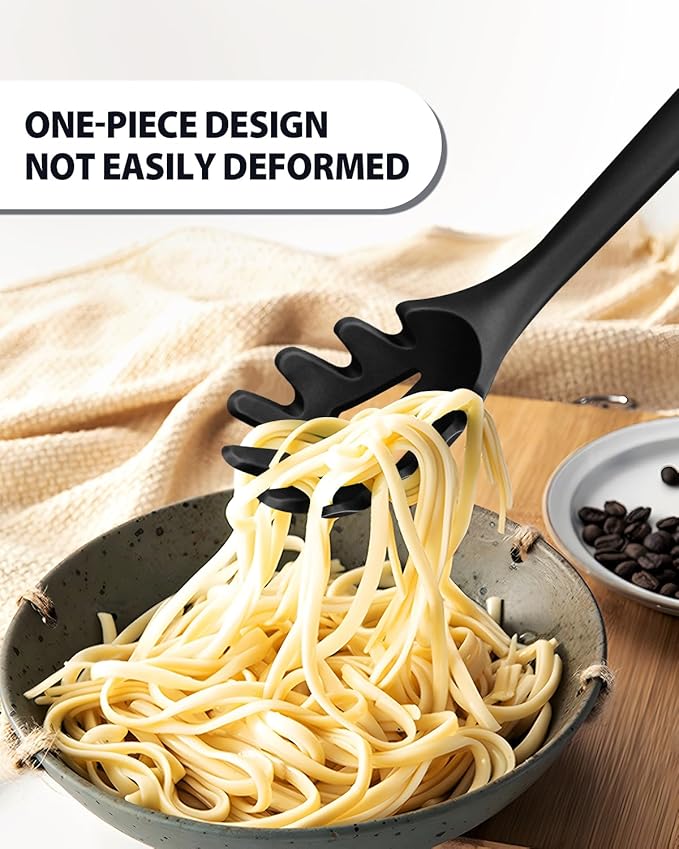 Silicone Pasta Fork and Ladle Spoon Set, Large Non Stick Kitchen Utensils for Cooking,Stirring,One Piece Serving Spaghetti, Soup, Sauce (BLACK)