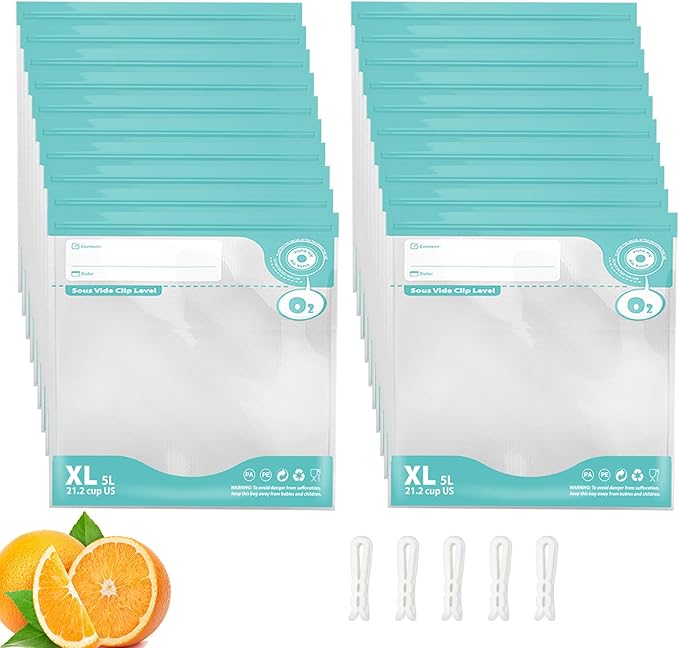 24pc BPA Free Vacuum Sealer Bags, Reusable Sous Vide & Food Storage, 20pc Vacuum Zipper Bags & 4 Seal Clips (11.8x13.4 Inch)