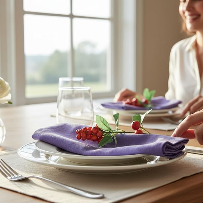 Hemstitched Linen Napkins – 20 Inch x 20 Inch – Stonewashed Pure Linen Cloth Dinner Napkins with Mitered Corners - 100% French Flax – Machine Washable - Set of 4 (Dusty Pastel Purple)