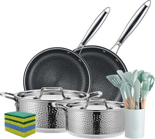 Vivicreate 20 Piece Stainless Steel Kitchen Cooking Pot Pots and Pan Pans Cookware Set Pots and Pans Hammered Design Induction Compatible Ollas de Acero Inoxidable