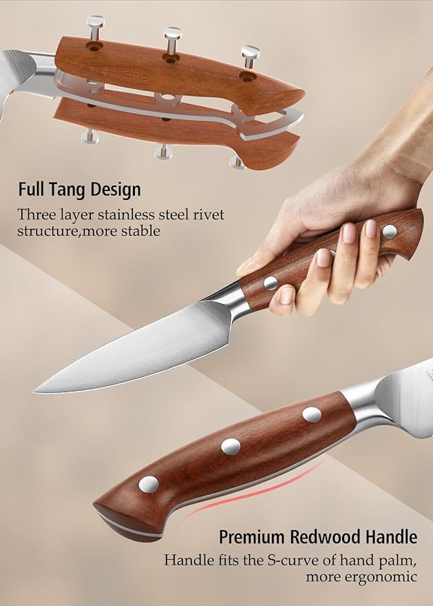 HEZHEN 4.3 inch Blade Paring Kitchen Knife,High-Carbon 1.4116 German Steel Cutlery, Ergonomic Red Wood Handle Petty Knives for Home Chefs, Ultimate Paring Knife for Utility Tasks