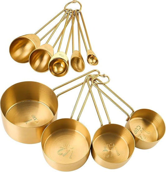 8Pcs Measuring Cups and Spoons Set - Golden Stainless Steel Measuring Cups Metal Measuring Spoons Set Nesting Kitchen Measure Set for Kitchen/Food/Baking (8, Gold Stainless Steel Set)