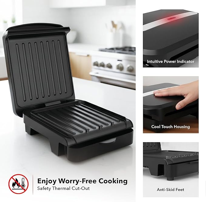 OVENTE 2-Serving Electric Indoor Grill & Panini Press with Easy Clean Non-Stick Plate Coating, Opens 180 Degrees, 8.15" x 7.4" Space Saving Design, 750W Contact Grill for Burgers & More, Black GP222B