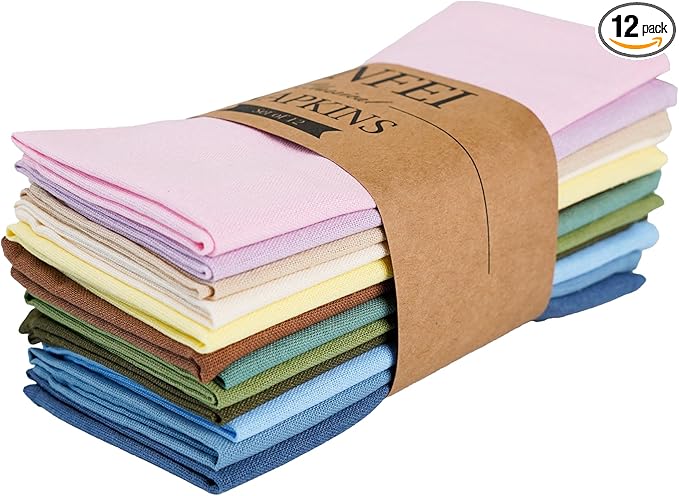 Solid Color Linen Blended Thin Dinner Cloth Napkins - Set of 12 (40 x 40 cm) - for Events & Home Use (Multicolored)