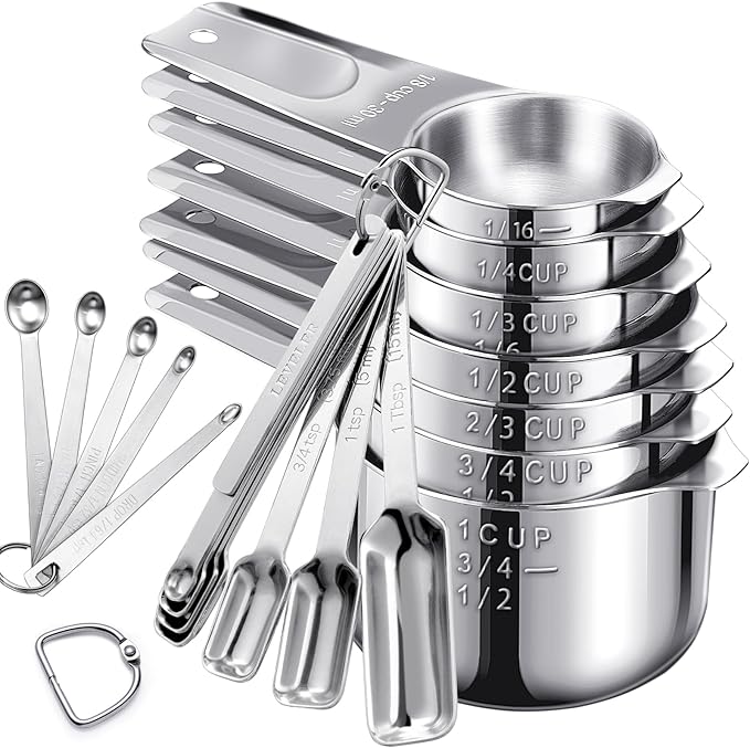 20Pcs Measuring Cups and Spoons Set, Includes 7pcs Stainless Steel Measuring Cups, 12 Measuring Spoons with Leveler for Cooking & Baking, Dishwasher Safe