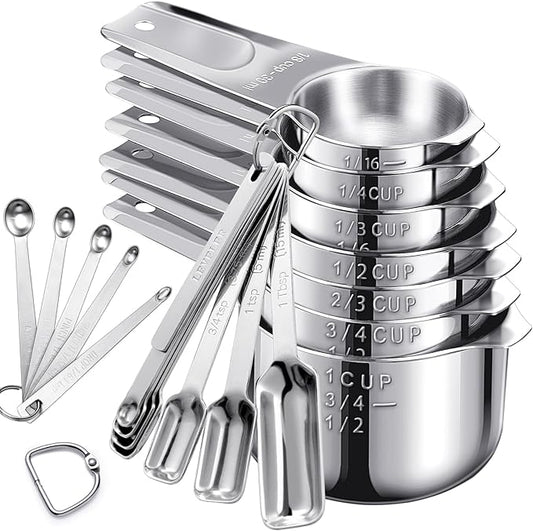 20Pcs Measuring Cups and Spoons Set, Includes 7pcs Stainless Steel Measuring Cups, 12 Measuring Spoons with Leveler for Cooking & Baking, Dishwasher Safe