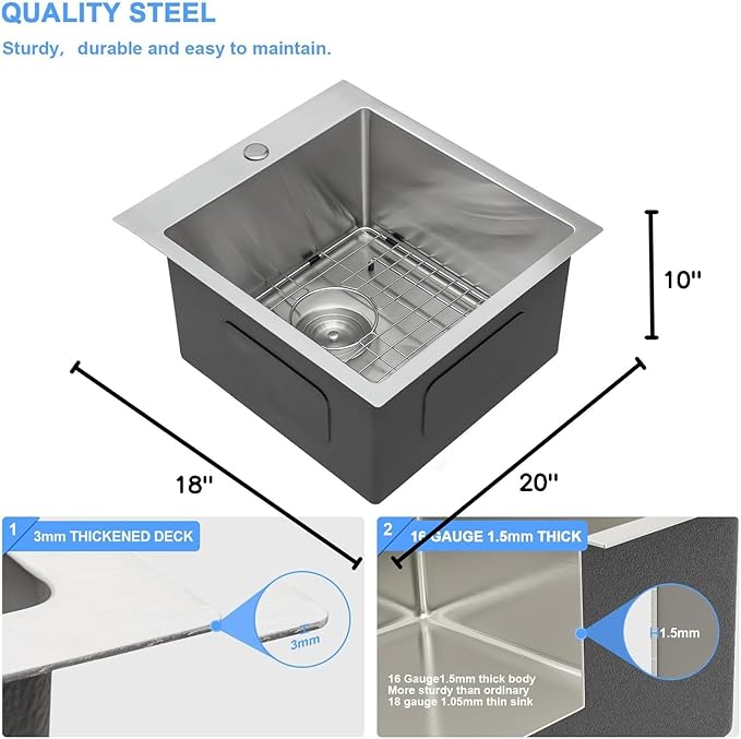Lordear 18x20x10 inch Drop in Kitchen Sink Topmount Bar Sink 16 Gauge Single Bowl Stainless Steel Bar Outdoor Sinks